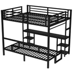 Queen Over Twin XL Metal Bunk Bed with Desk and Shelves