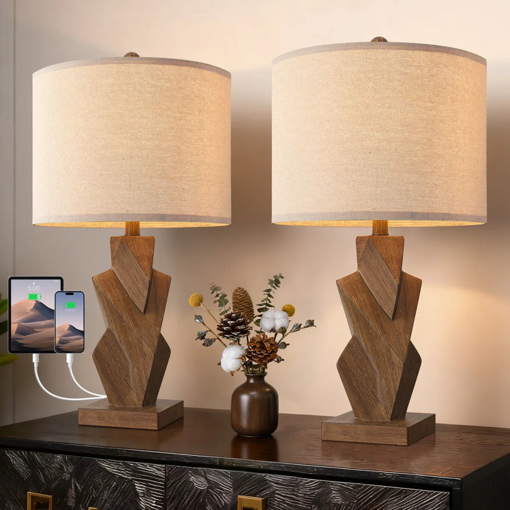 Farmhouse Table Lamps Set of 2, 24.5-Inch, Wood Grain Resin, USB Charging Ports