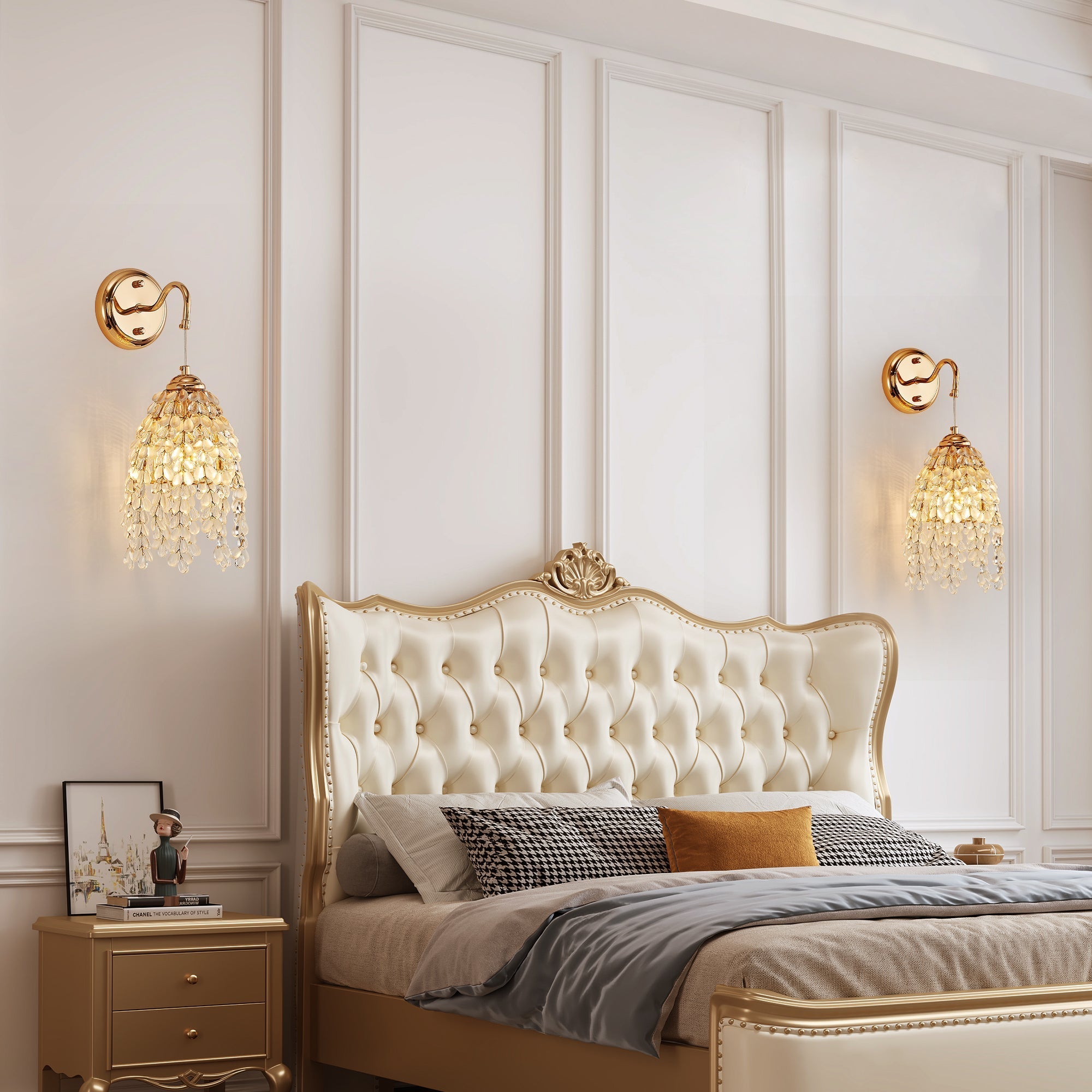 Set of 2 Gold Frame Crystal Grape-Shaped Bead Wall Sconces
