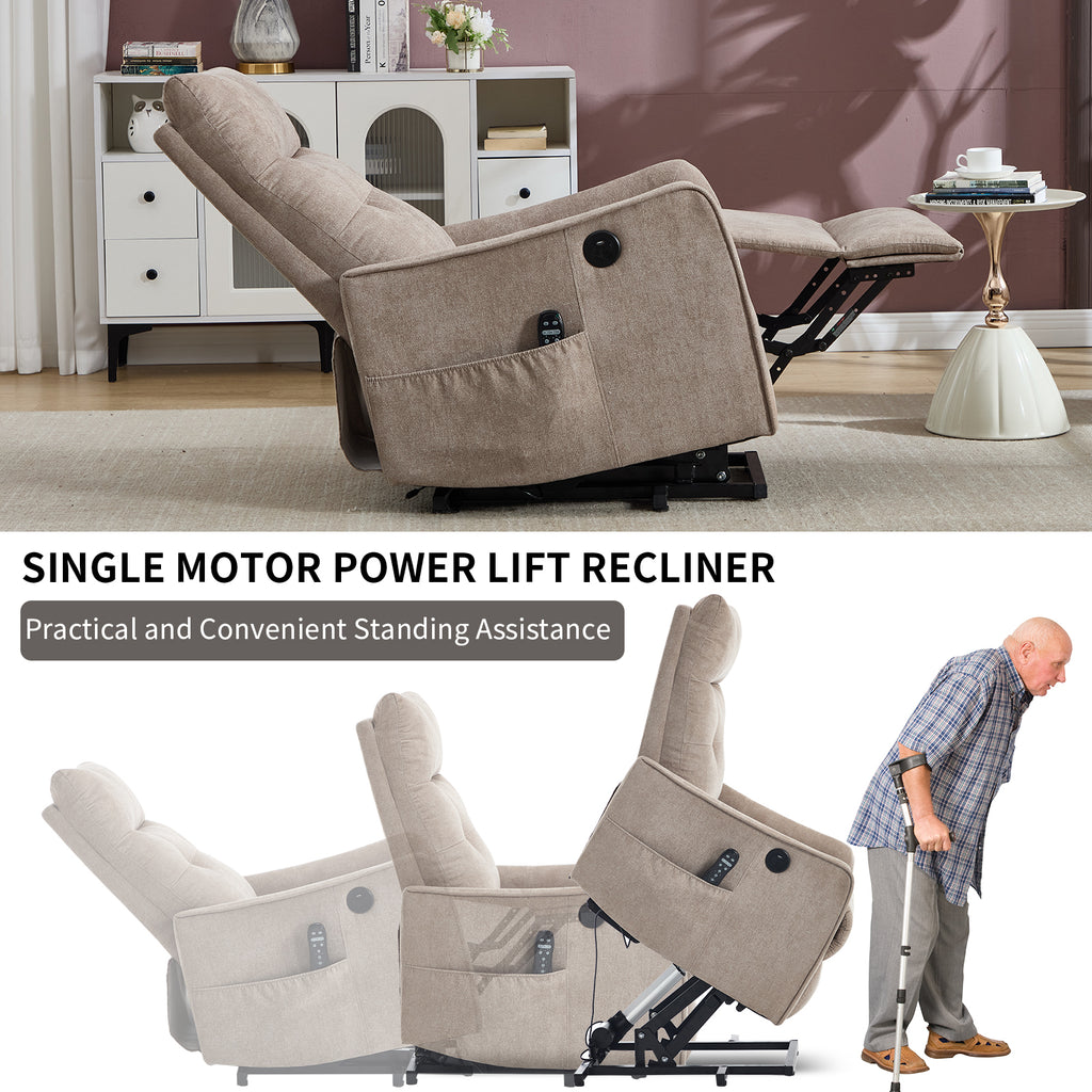 Khaki Chenille Power Lift Recliner Chair with Massage and Heat