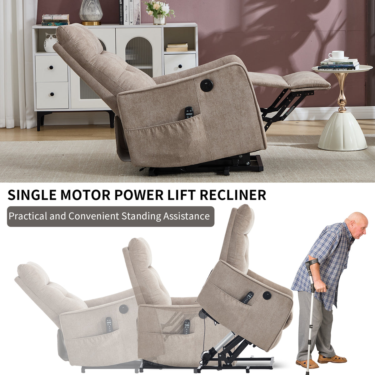 Khaki Chenille Power Lift Recliner Chair with Massage and Heat