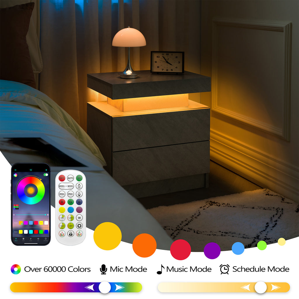 Modern LED Nightstand with 2 Drawers - Deep Gray