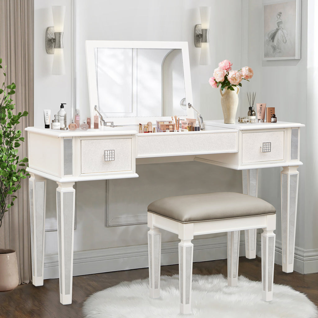 Mirrored Vanities Desk with Drawers, Mirror, and Stool Set