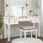 Mirrored Vanities Desk with Drawers, Mirror, and Stool Set