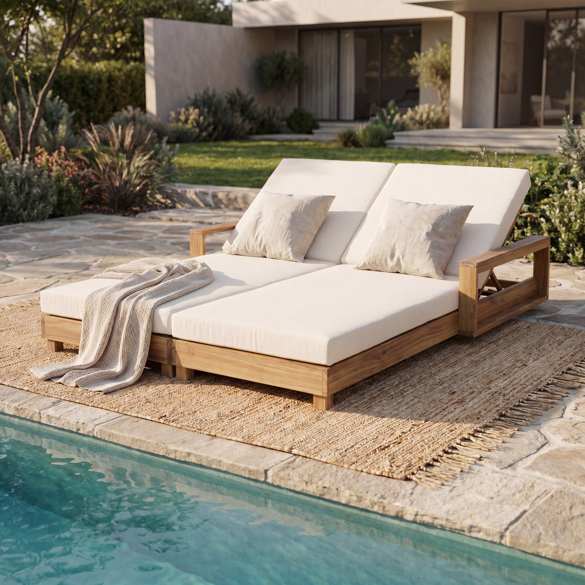 Double Acacia Wood Chaise Lounge Set, 1 Double Recliner with 2 Pieces 2-Fold