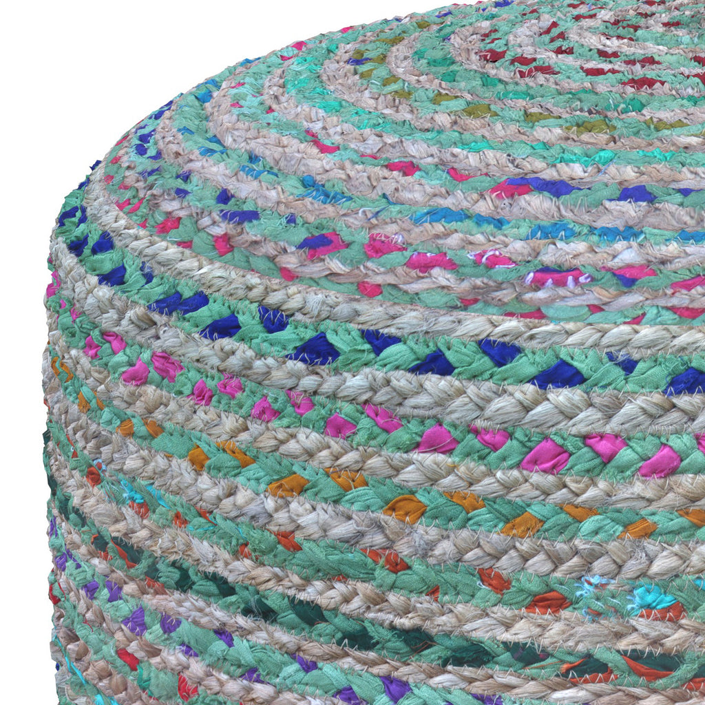 Margo 20 Inch Wide Round Pouf in Multi-Green Handwoven Jute and Cotton