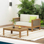 Outdoor Acacia Wood and Wicker Loveseat and Coffee Table Set with Cushions