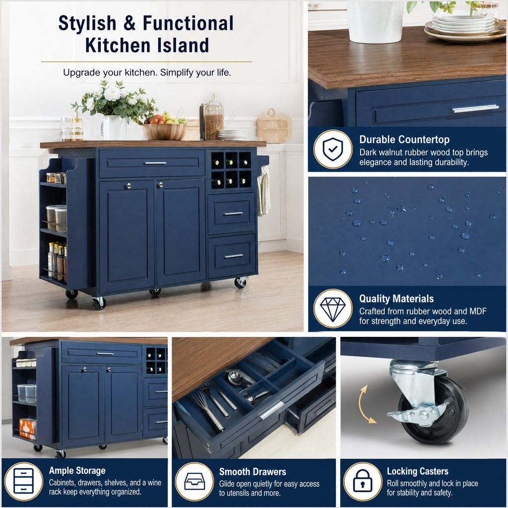51.54" Rolling Kitchen Island Cart with Drop-Leaf