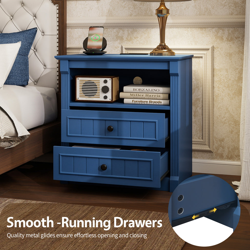 Dusty Nightstand with Charging Station, 2-Drawer, Aged Blue