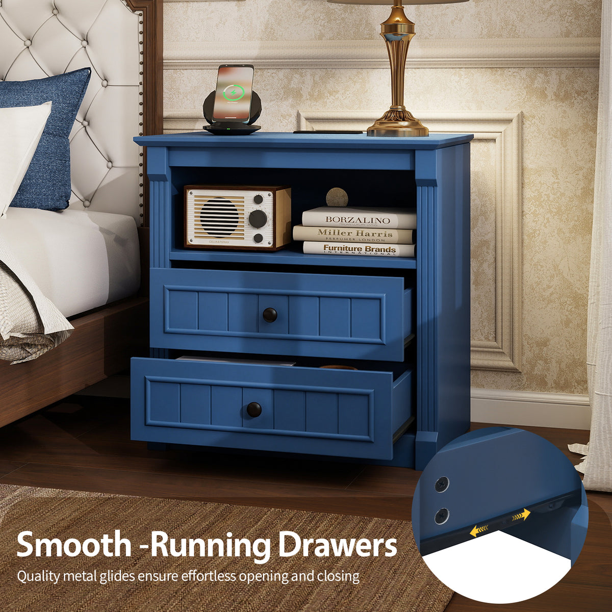 Dusty Nightstand with Charging Station, 2-Drawer, Aged Blue