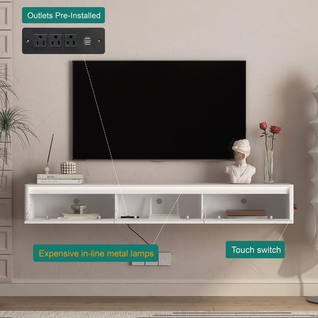Floating TV Stand with LED Lights & Power Outlet