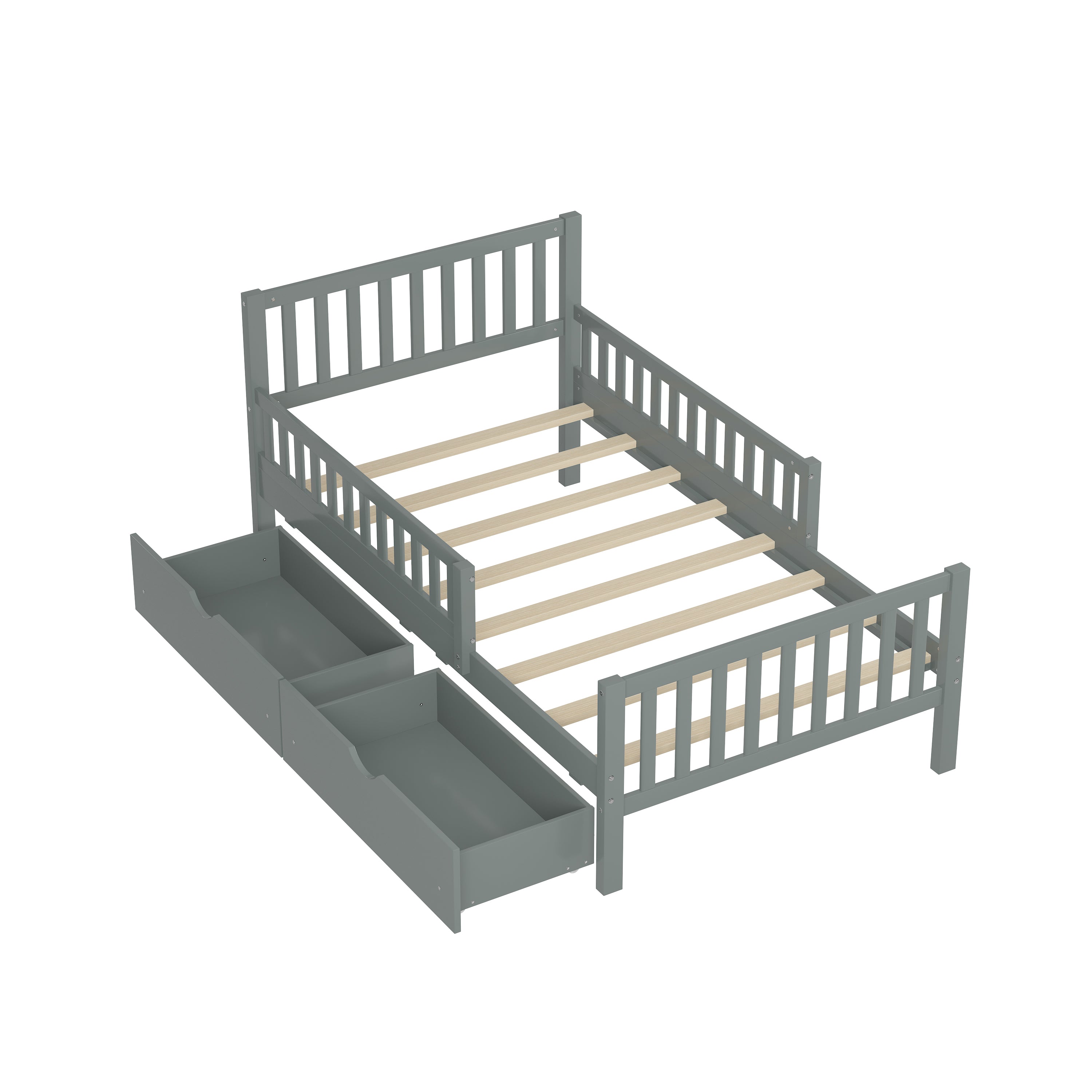 Twin Size Wood Platform Bed with Guardrails on Both Sides and Two Storage Drawers