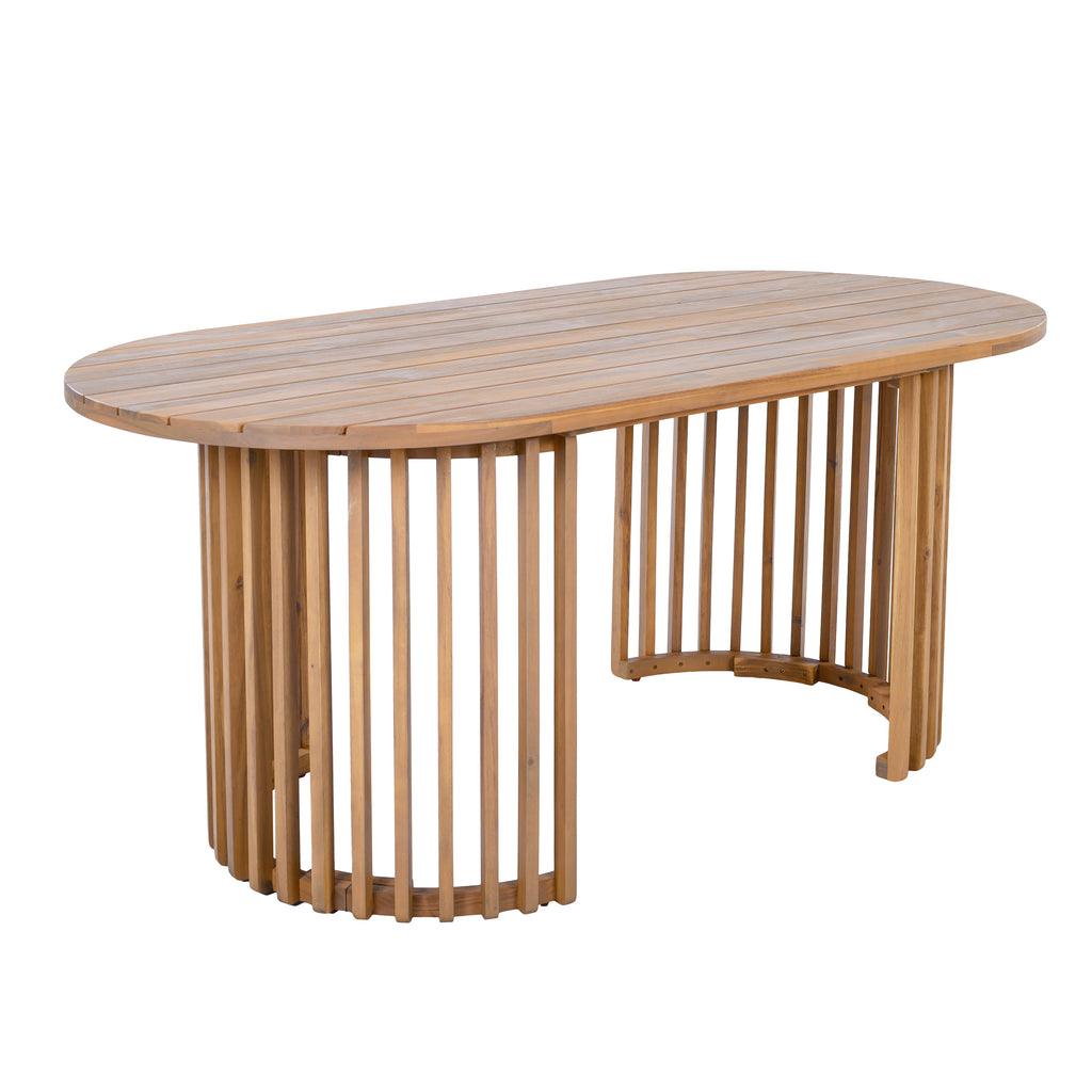 Light Teak Acacia Wood Oval Outdoor Dining Table, Vertical Slatted Legs