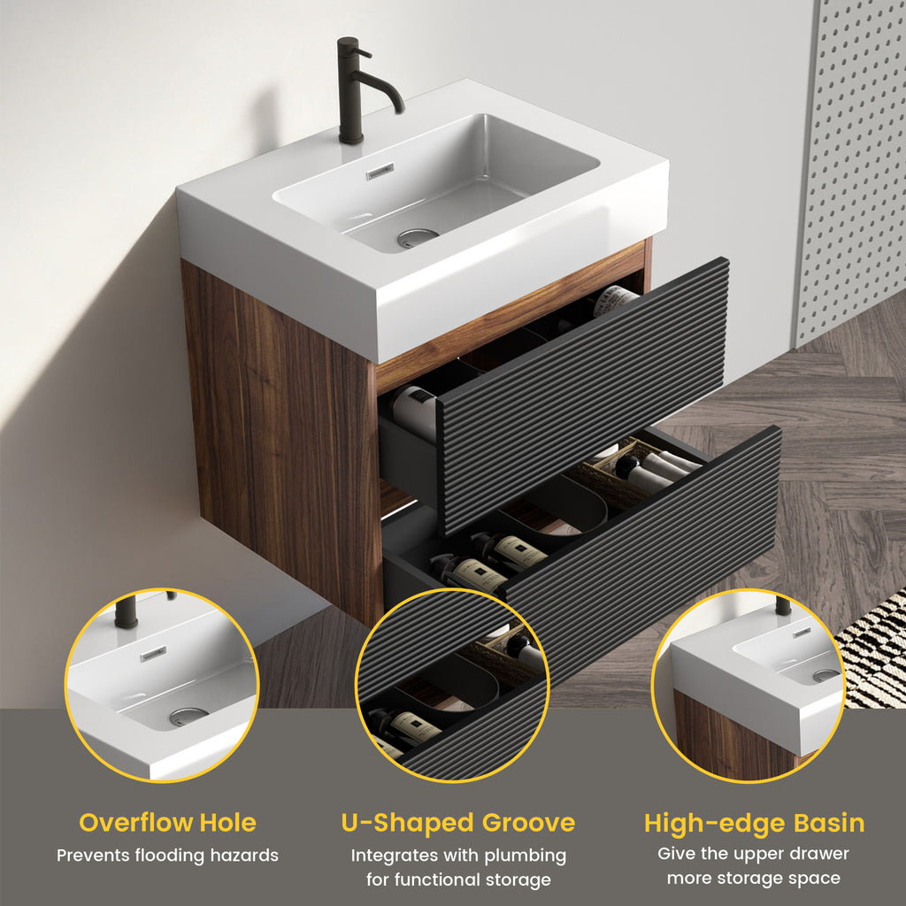 Grace 24-Inch Wall-Mounted Bathroom Vanity with Solid Surface Sink, Walnut and Black