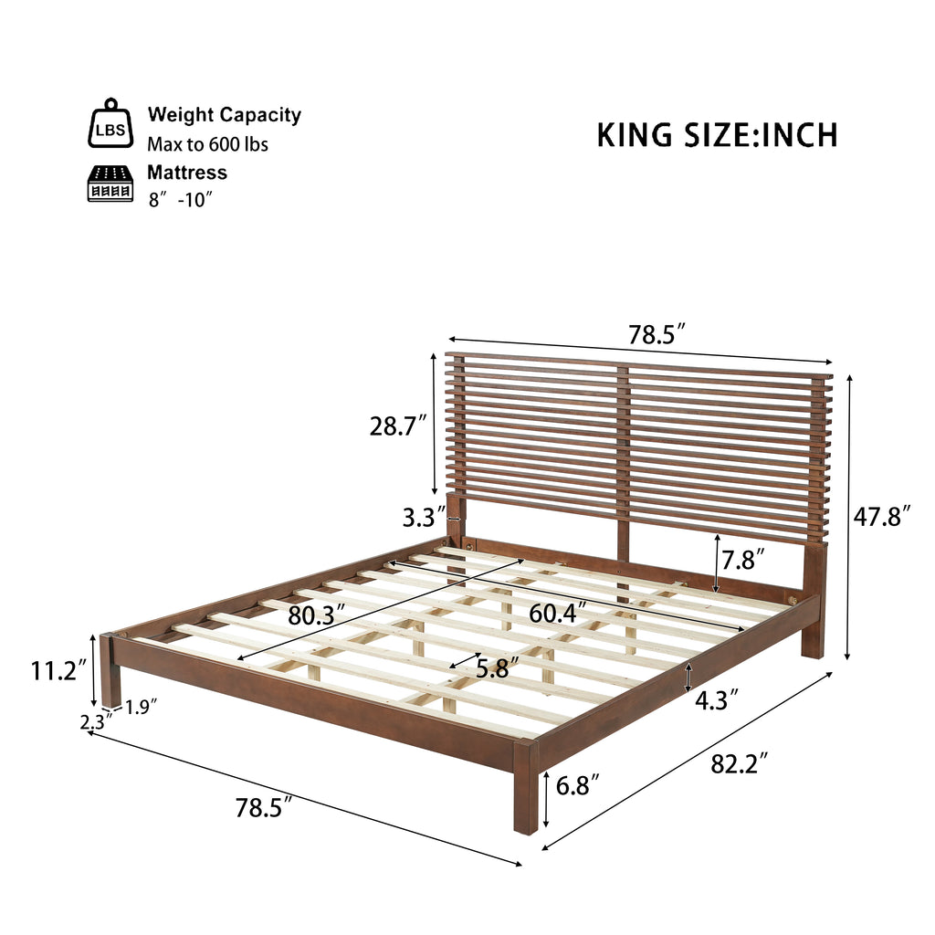Premium Solid Wood King Size Bed Frame with Headboard - Walnut Color