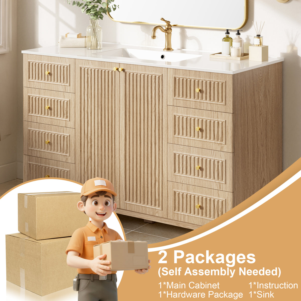 [Video]47.56" Freestanding Single-Sink Bathroom Vanity with SMC Top, MDF Cabinet, 8 Drawers, 2 Soft-Close Doors and Gold-Tone Aluminum Alloy Handles