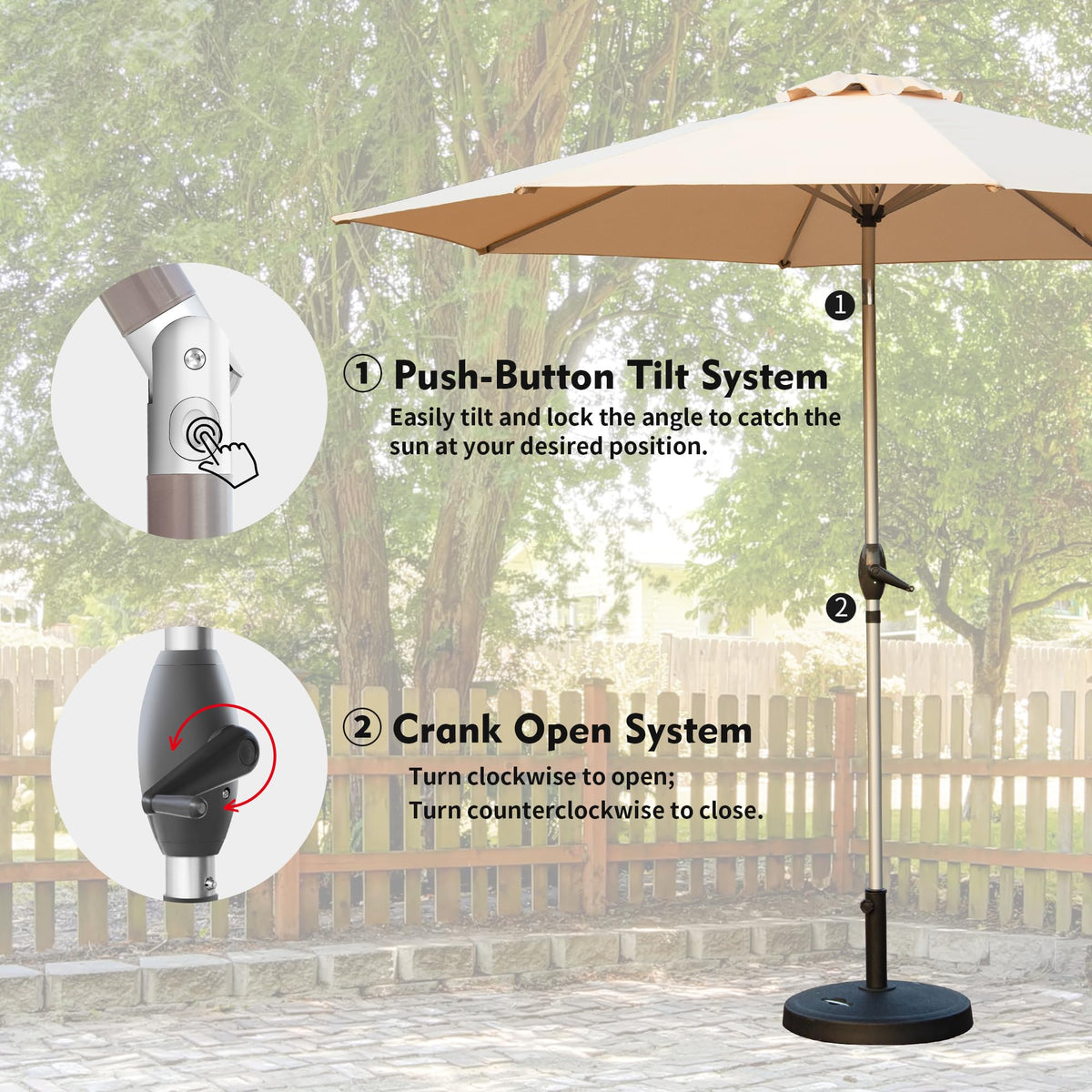 10FT Patio Umbrella, Outdoor Table Umbrella with Push Button Tilt and Crank, UV Protection Waterproof Market Sun Umbrella with 8 Sturdy Ribs for Garden, Deck, Backyard (Beige) –Base Not Included