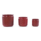 Handmade Ceramic Planter Set of 3 in Burgundy Diamond-Pattern
