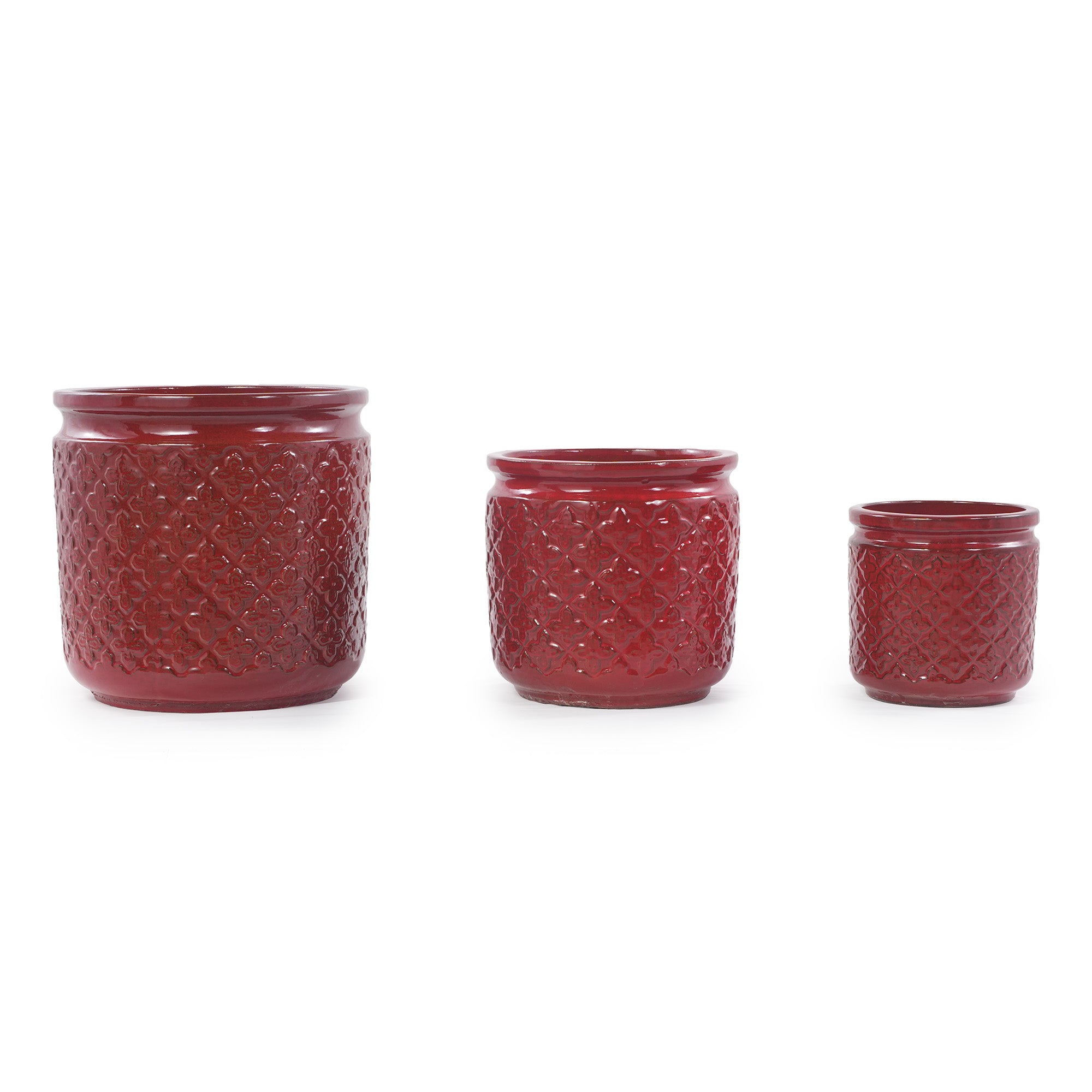 Handmade Ceramic Planter Set of 3 in Burgundy Diamond-Pattern