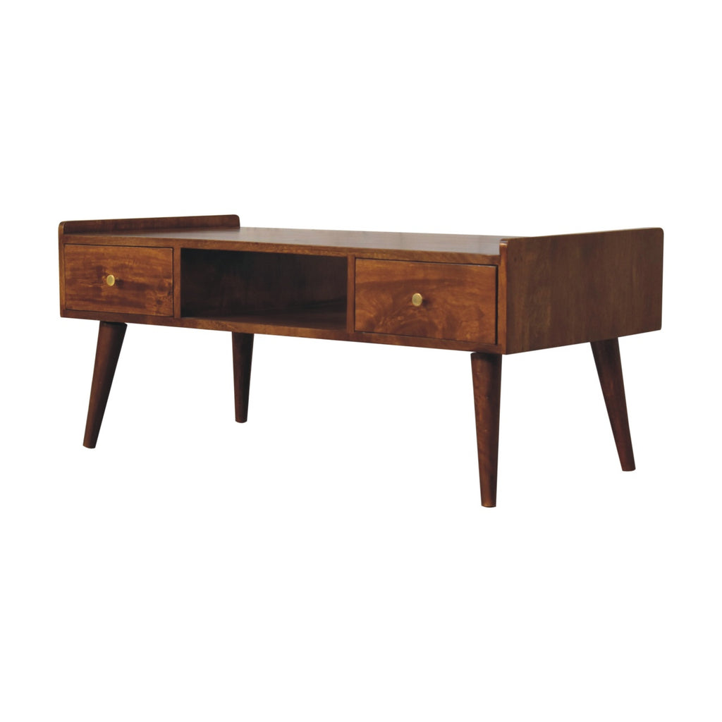 Elevated Chestnut Media Unit, 2-Drawers, 1 Open-Slot, Nordic Legs