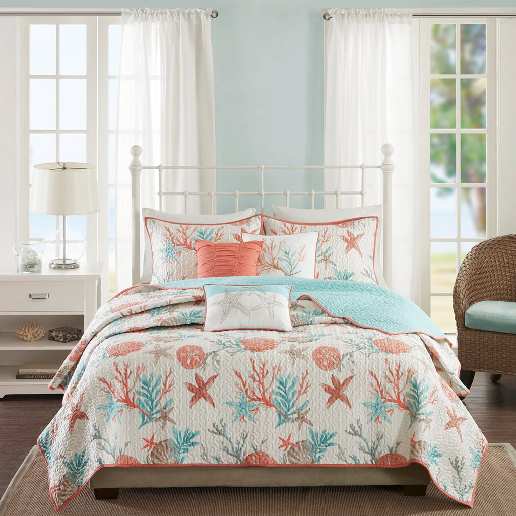 6 Piece Cotton Sateen Quilt Set with Throw Pillows - Coral Full/Queen