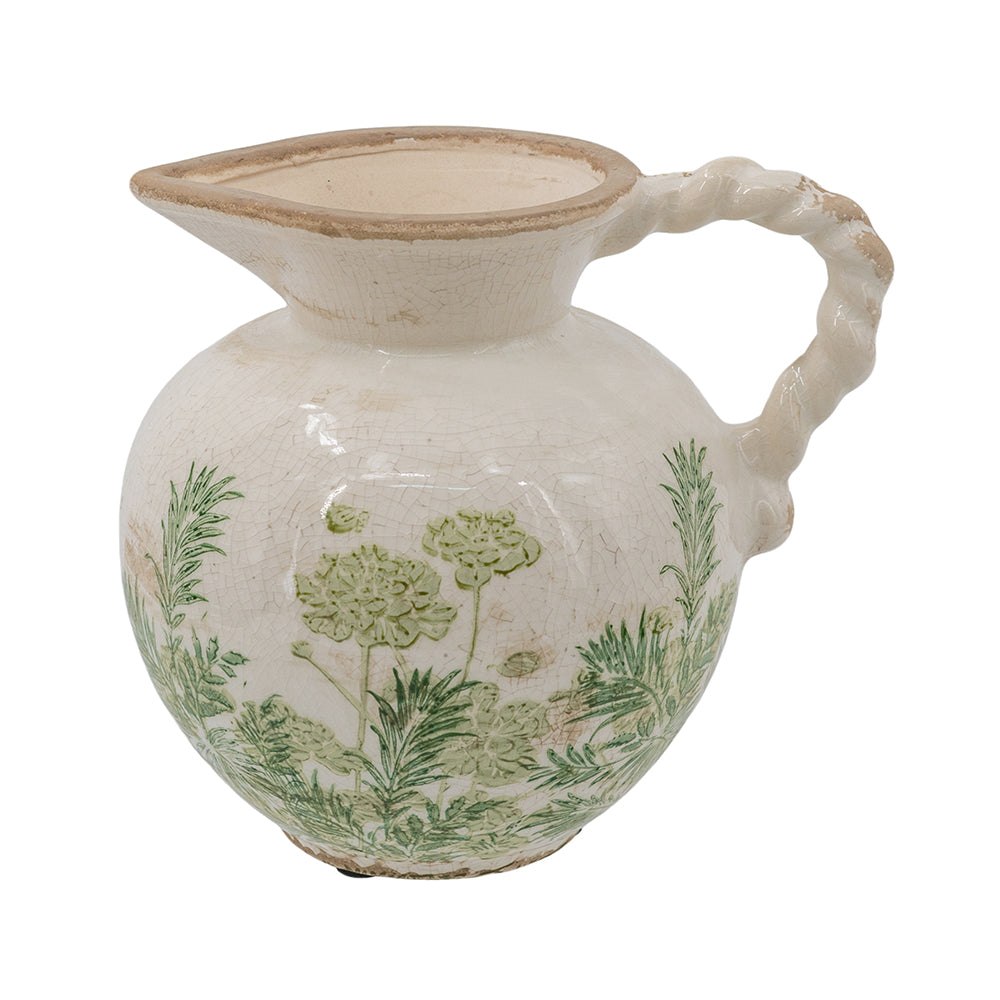 White Ceramic Pitcher Vase with Green Botanical Motifs and Twisted Handle