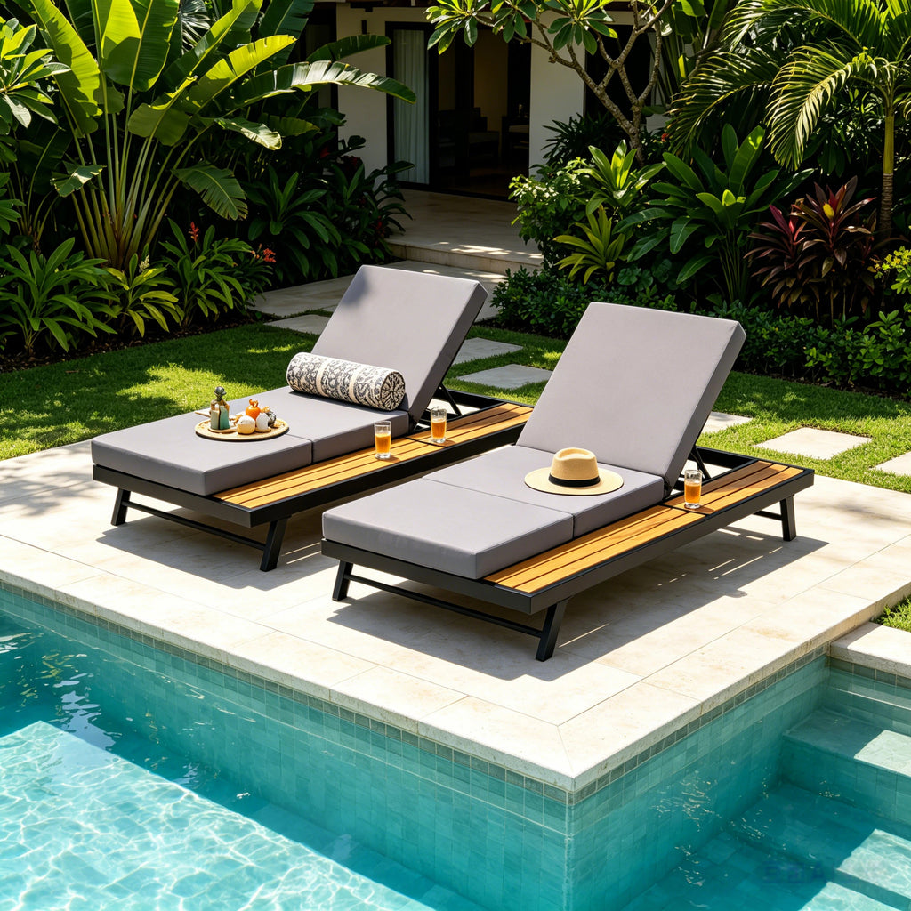 Black Iron + Teak Finish Chaise Lounge Set with Dark Grey Cushion