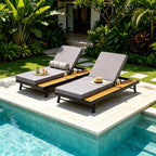 Black Iron + Teak Finish Chaise Lounge Set with Dark Grey Cushion