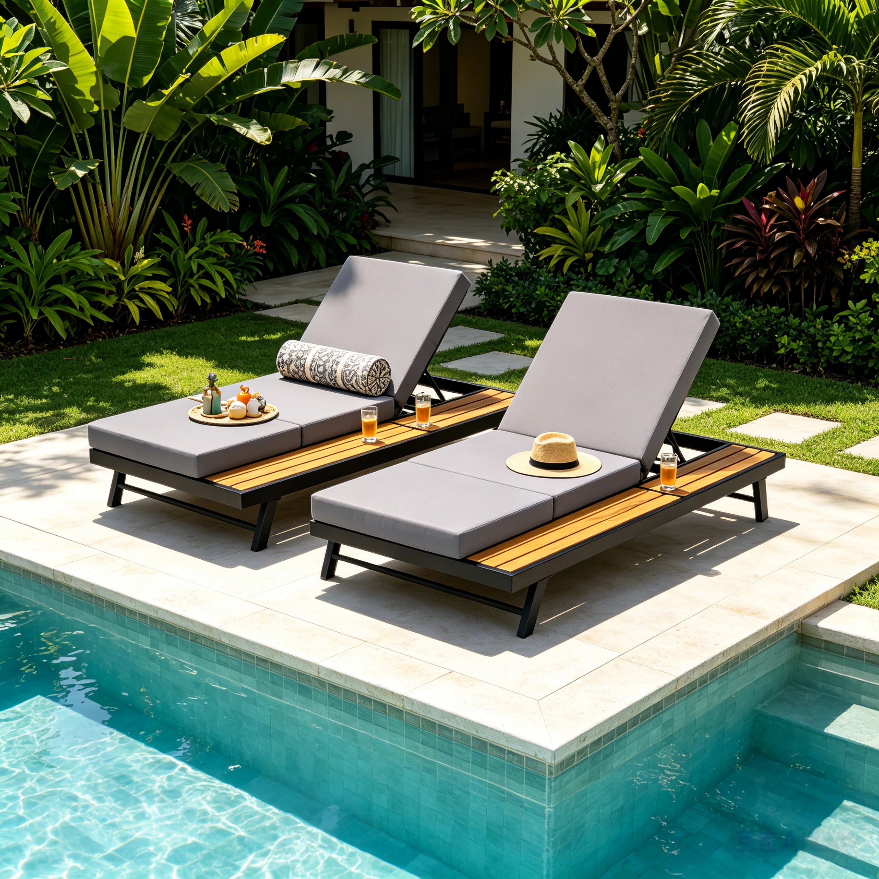 Black Iron + Teak Finish Chaise Lounge Set with Dark Grey Cushion