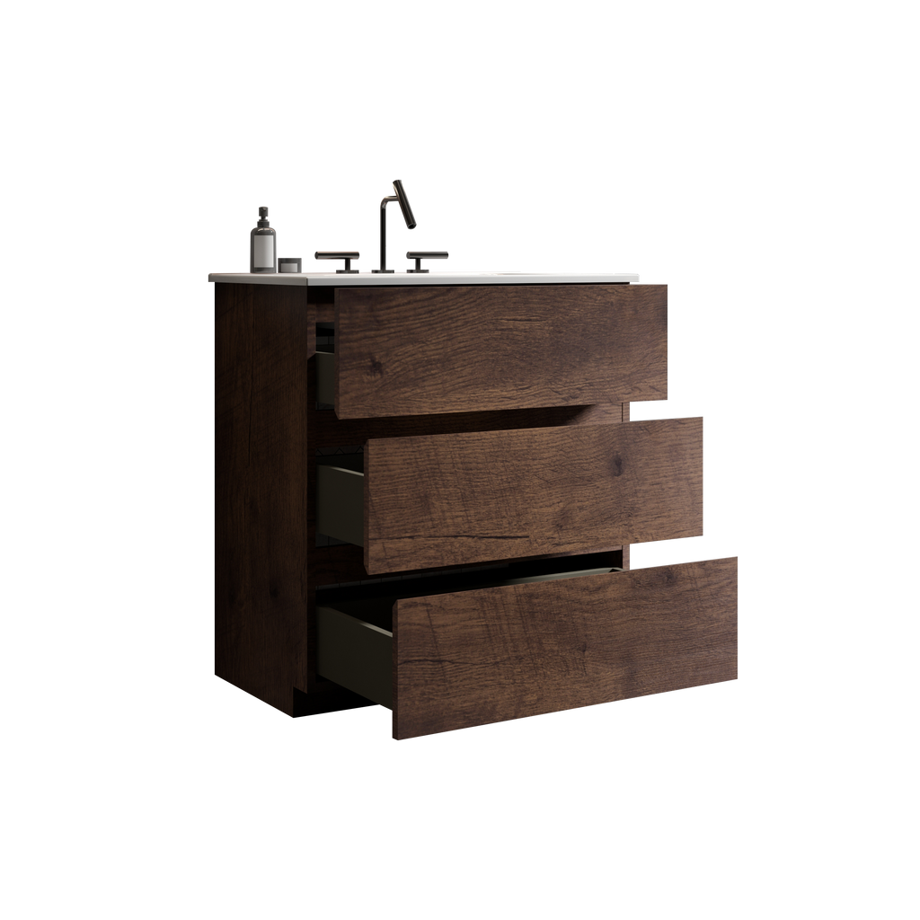 TIA 30" Walnut Bathroom Vanity with Ceramic Sink, 3 Faucet Holes