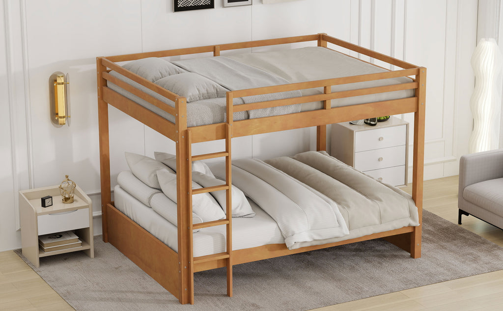 Wood Queen Size Bunk Bed with Ladder, Wood Color