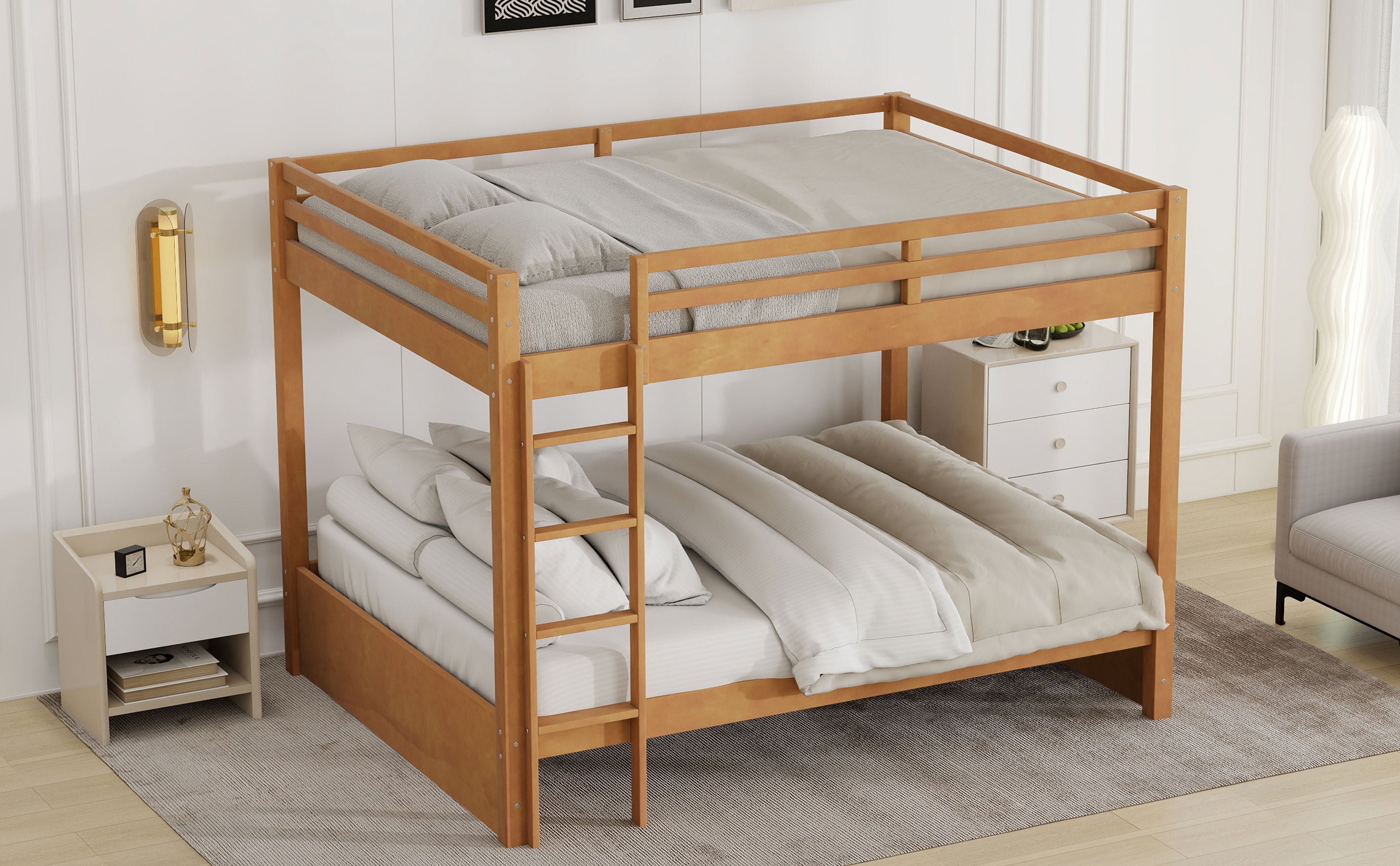 Wood Queen Size Bunk Bed with Ladder, Wood Color