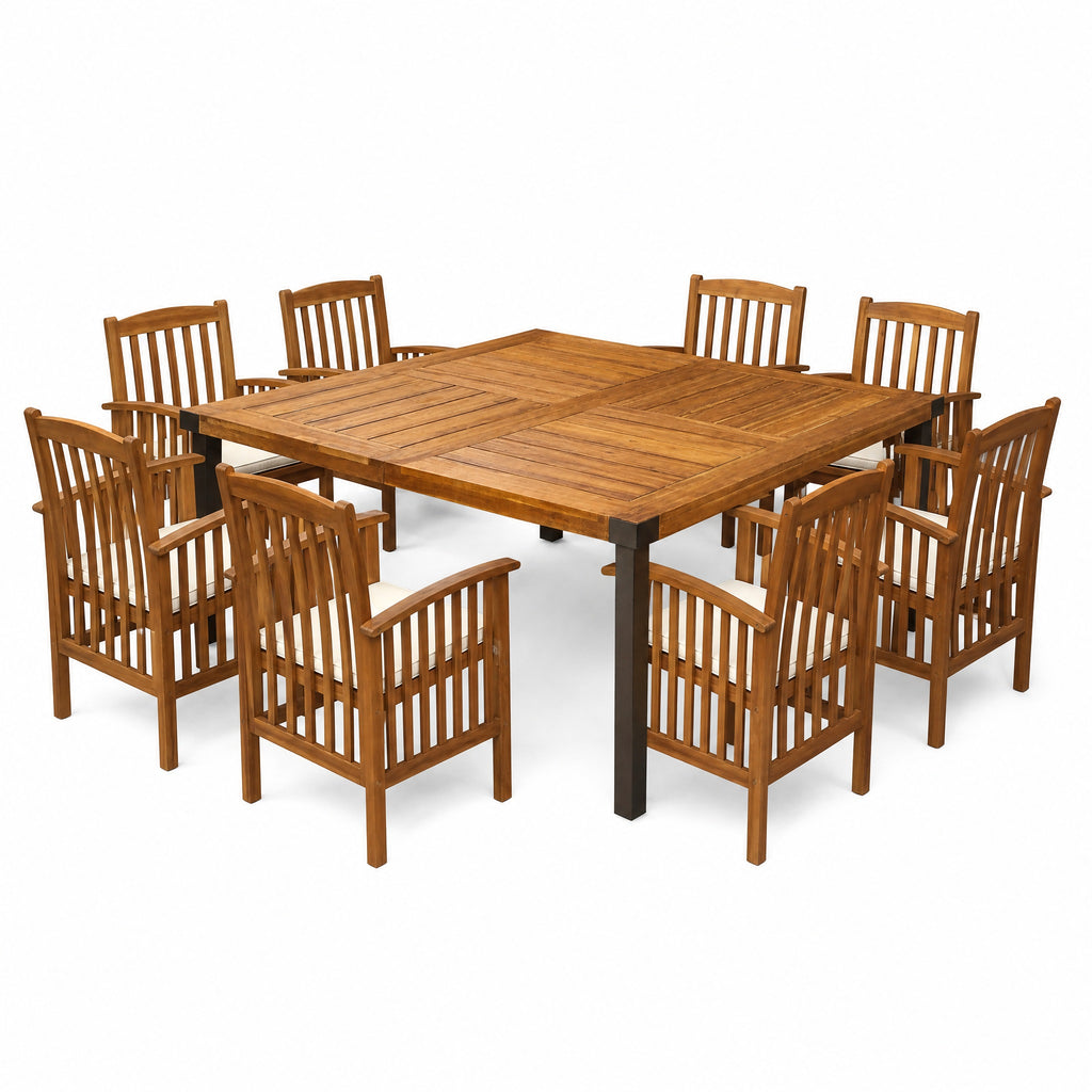 9-Piece Acacia Wood Outdoor Patio Dining Set, 64-Inch Square Table with 8 Chairs, Teak