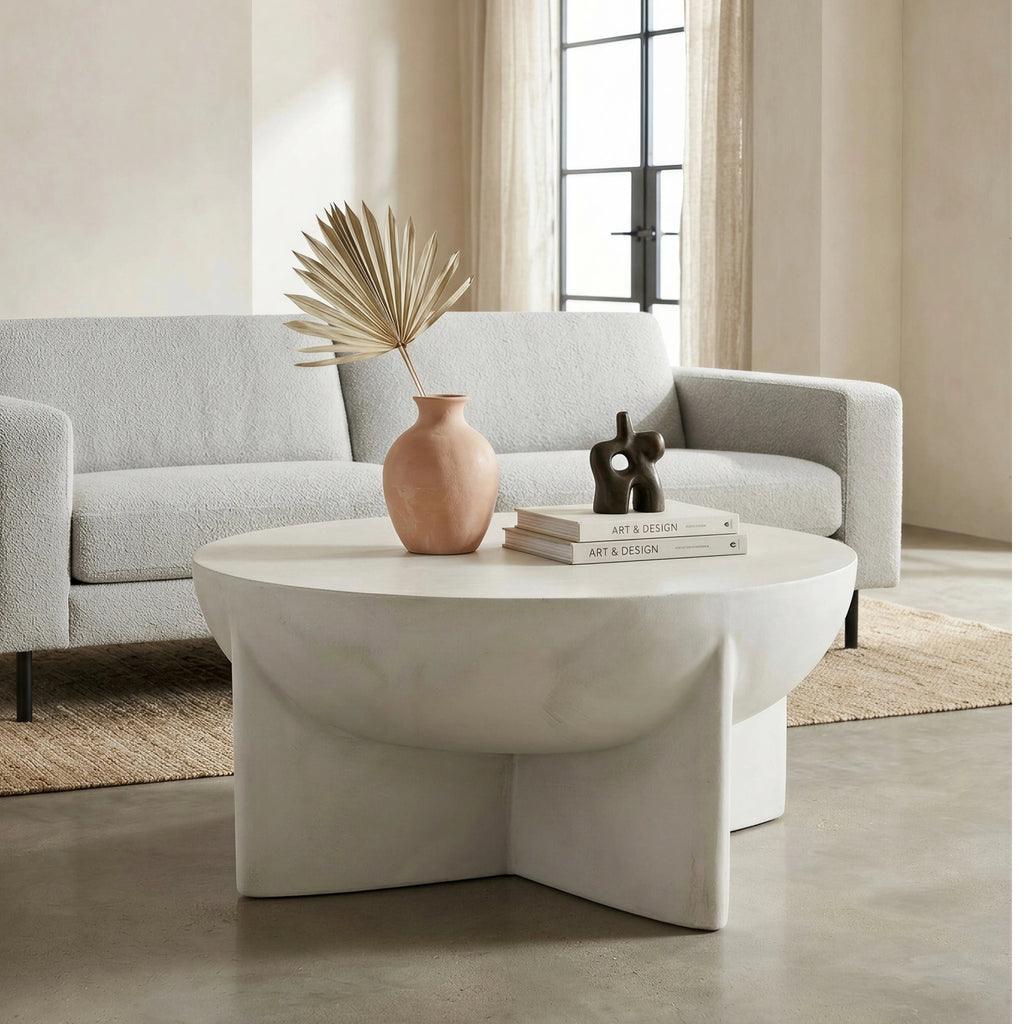 Matte White Distressed Round Coffee Table, Magnesium Oxide Sculptural Tripod Base