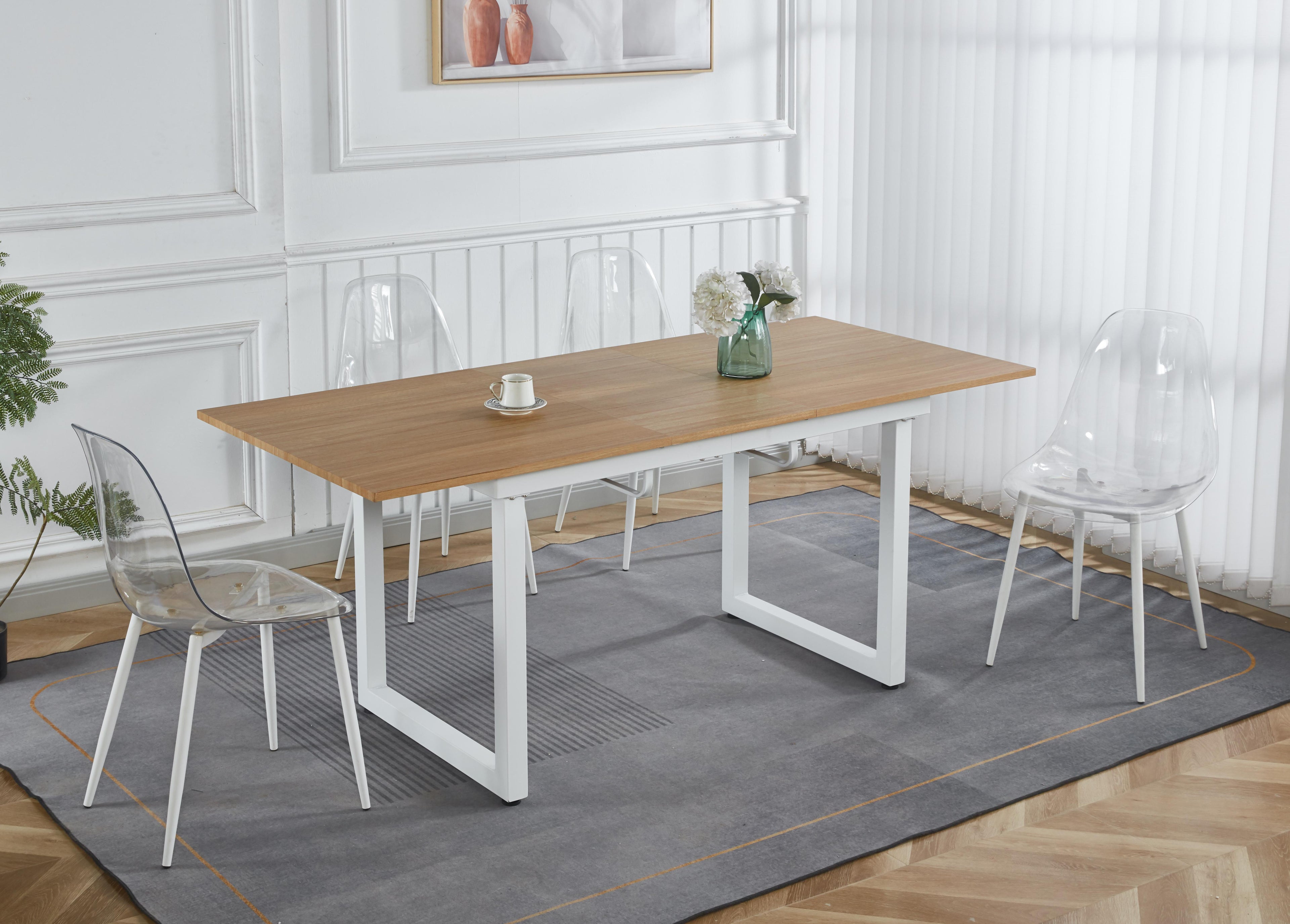Oak Color Square Extendable Dining Table with Metal Leg