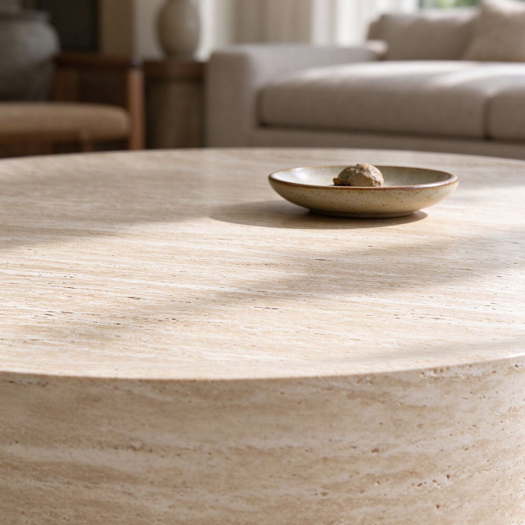 Round Travertine-Look Coffee Table, 31.5-Inch, Beige Yellow Fiberglass