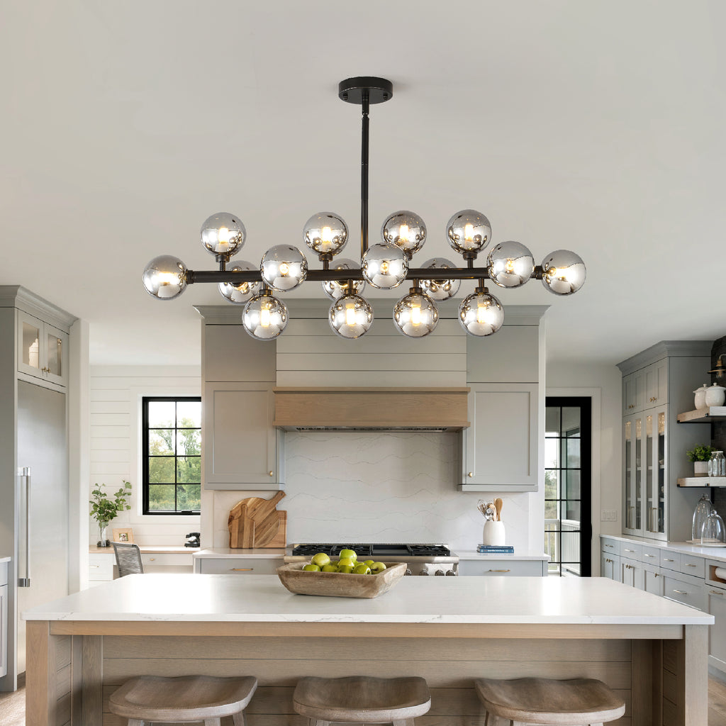 Pendant Lamp with Smoke Grey Glass Shade, 16-Light, Matte Black