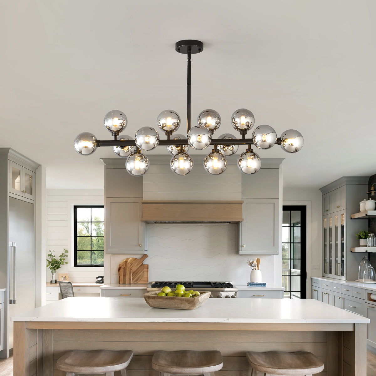 Pendant Lamp with Smoke Grey Glass Shade, 16-Light, Matte Black