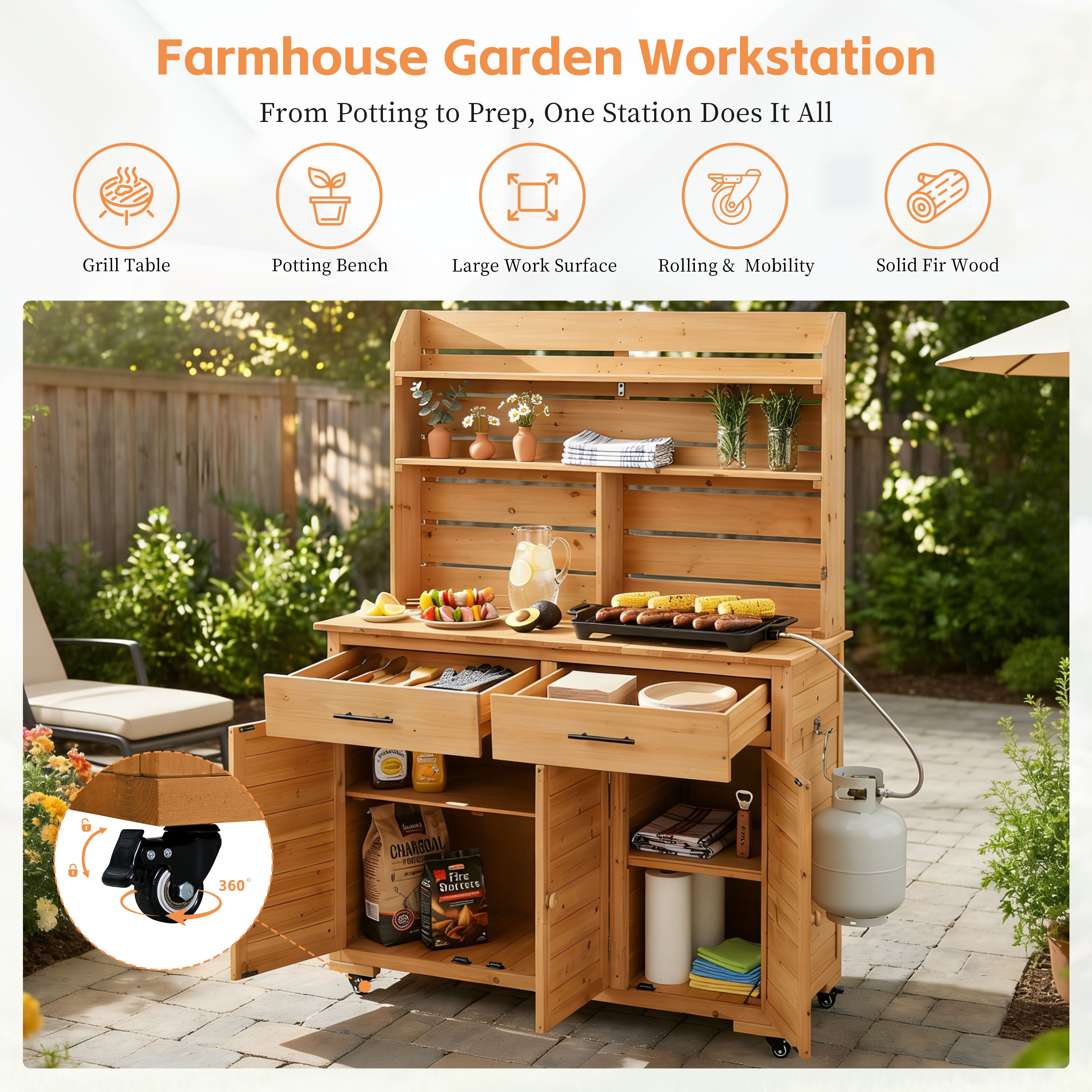 TOPMAX 65''H Large Garden Potting Bench with Lockable Wheel