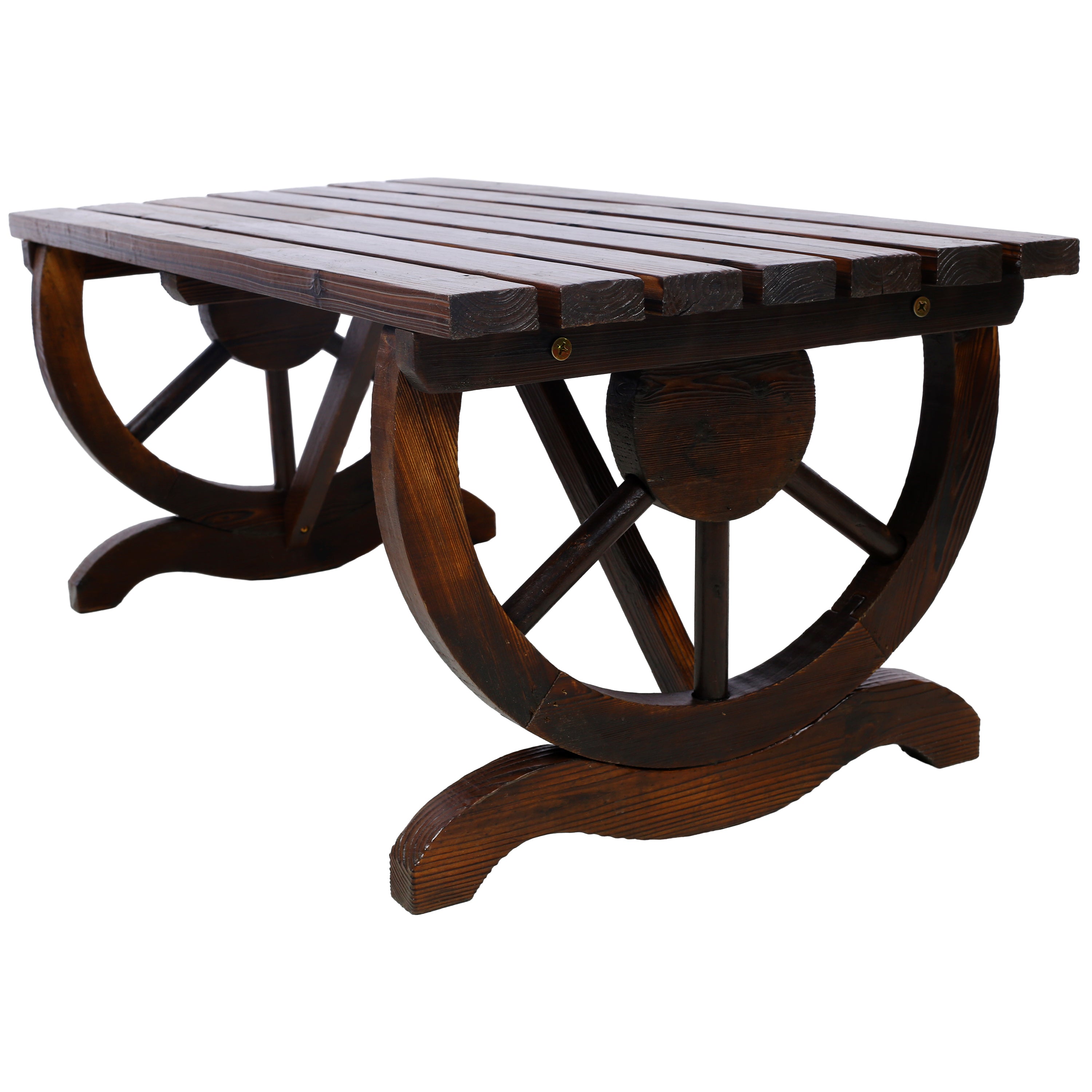Outdoor Rustic Wooden Bench with Wagon Wheel Legs
