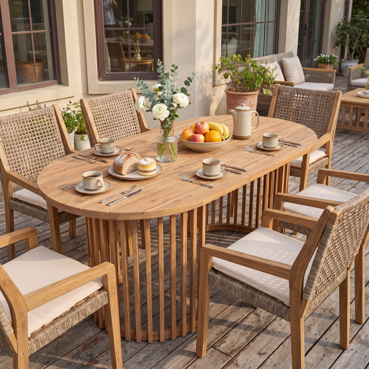 Light Teak Acacia Wood Oval Outdoor Dining Table, Vertical Slatted Legs