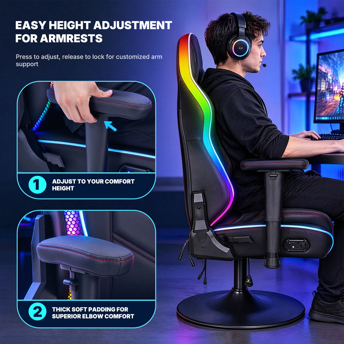 NoxRoc Pedestal Gaming Chair with Built-in Speakers and RGB LED Lights, Black