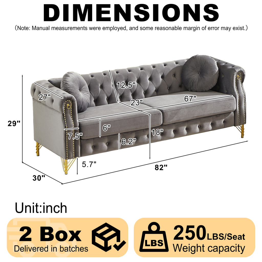 82-Inch Velvet Chesterfield Sofa with Two Round Pillows