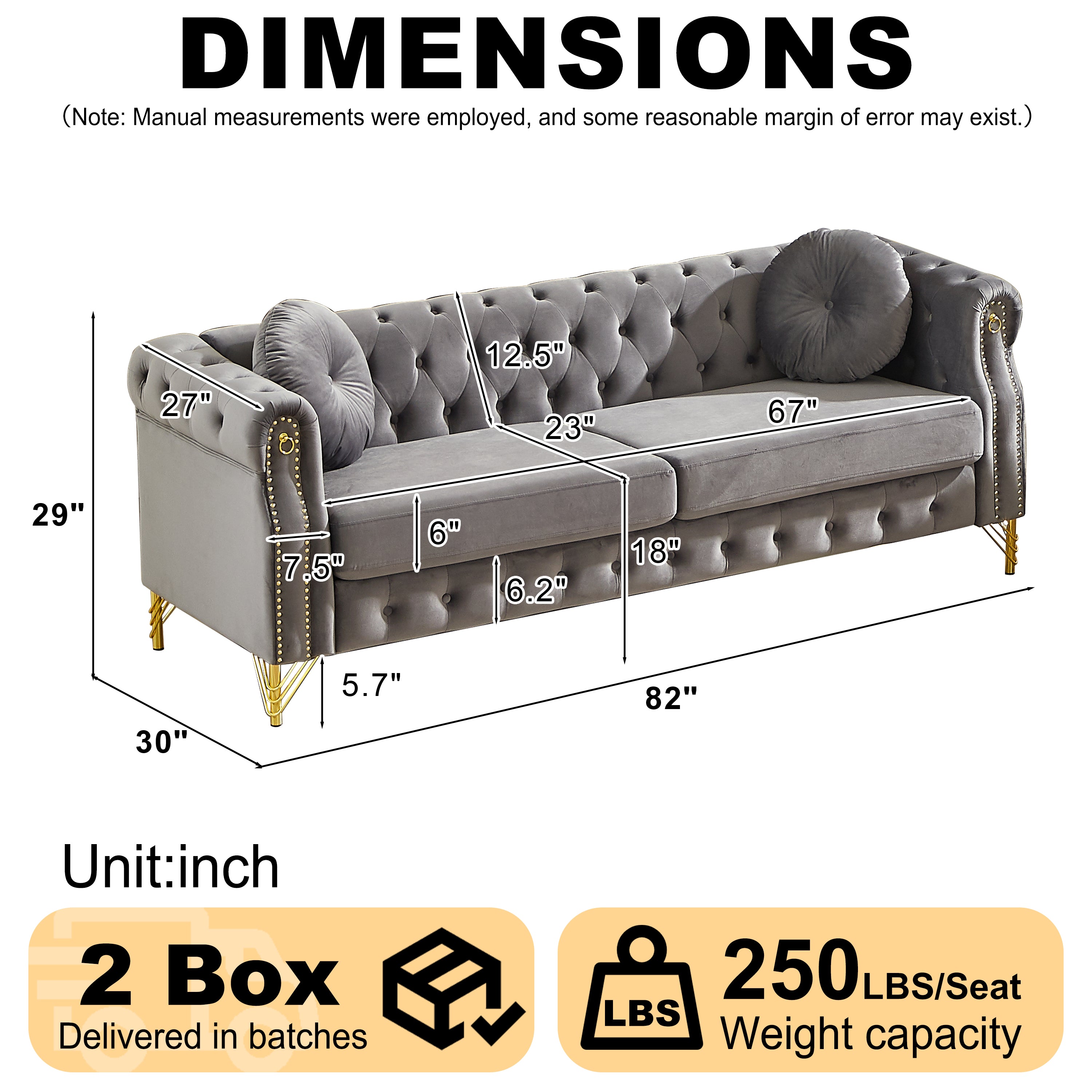 82-Inch Velvet Chesterfield Sofa with Two Round Pillows