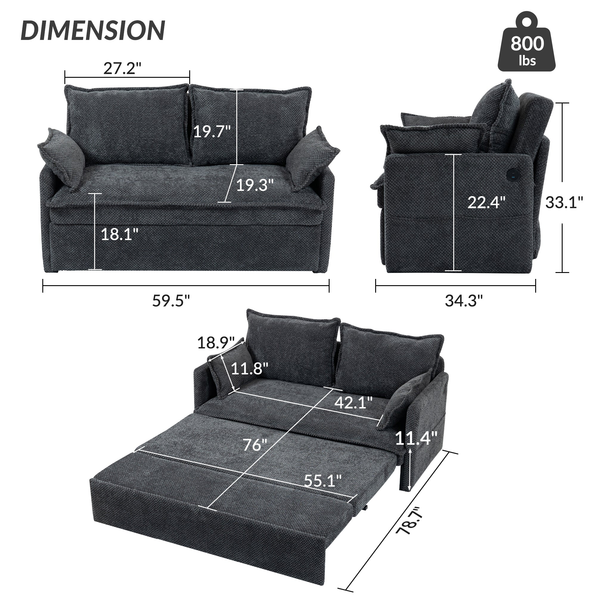 59.5" Ergonomic Sofa Bed with Storage & Charging