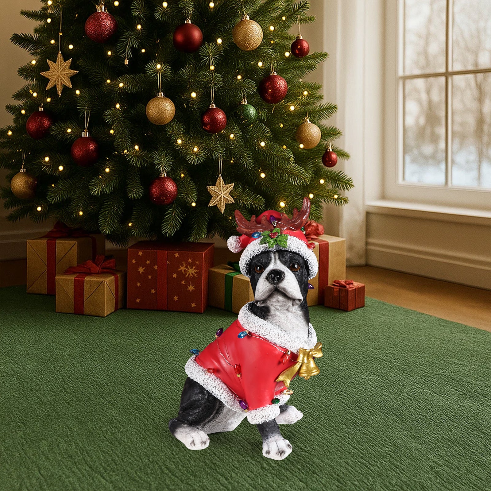 Christmas Boston Terrier Statue, Holiday Dog Figurine in Santa Outfit