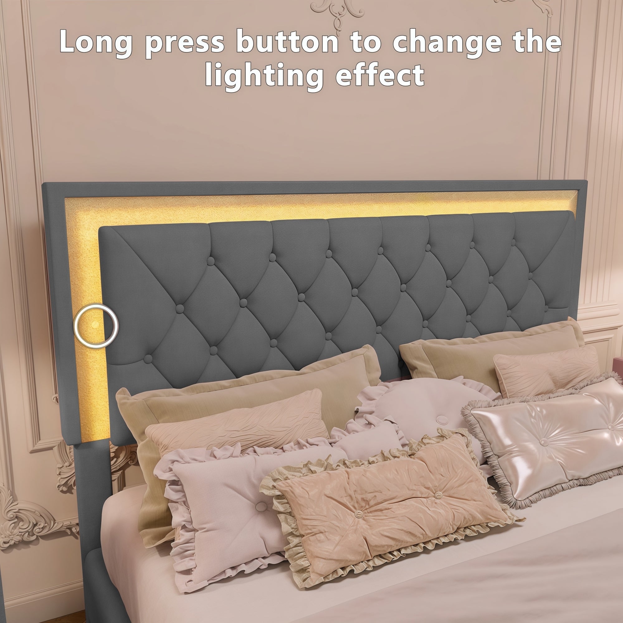 3-Pieces Bedroom Set - Queen Size Upholstered Platform Bed with LED Lights