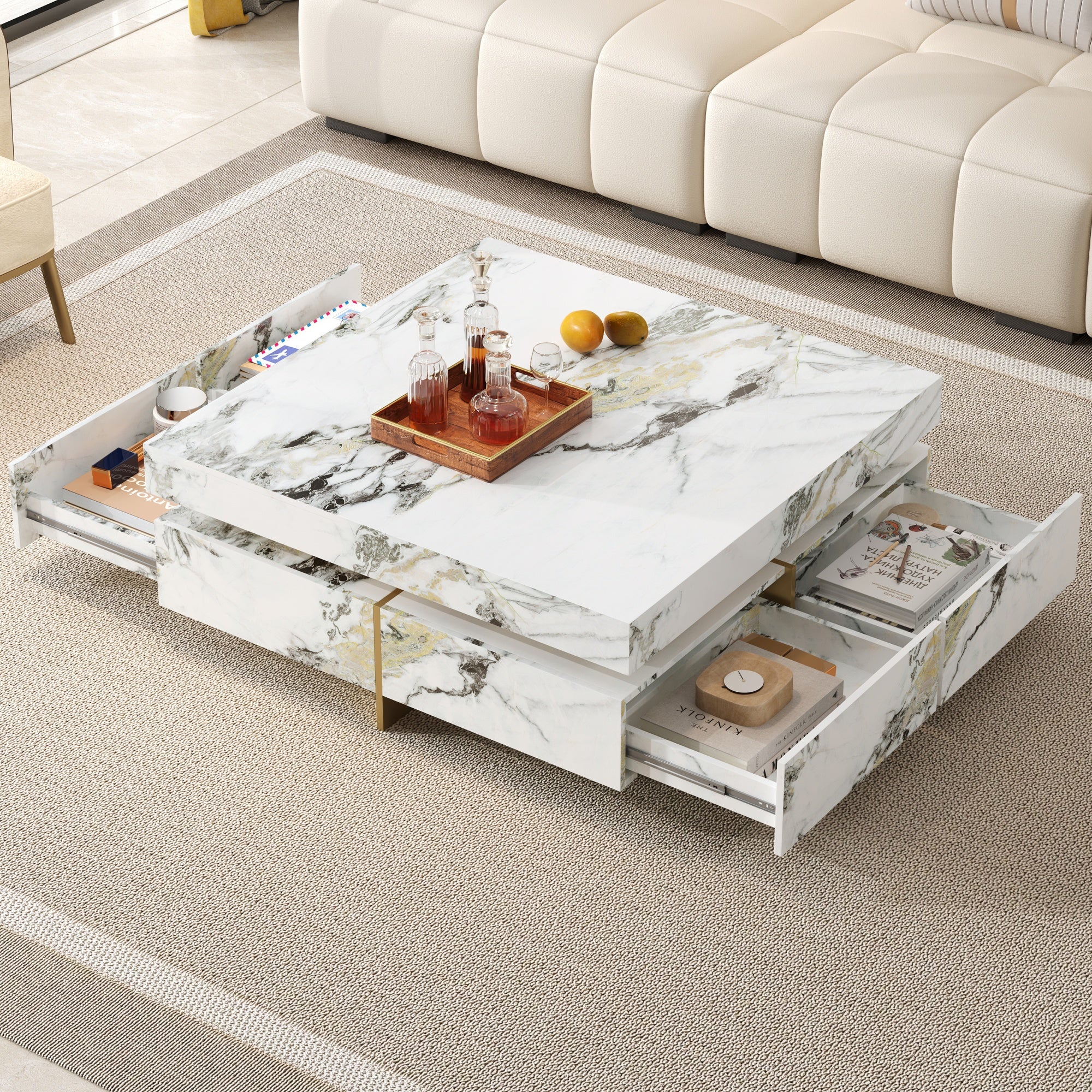 Modern Square Marble Textured Coffee Table with 4 Drawers