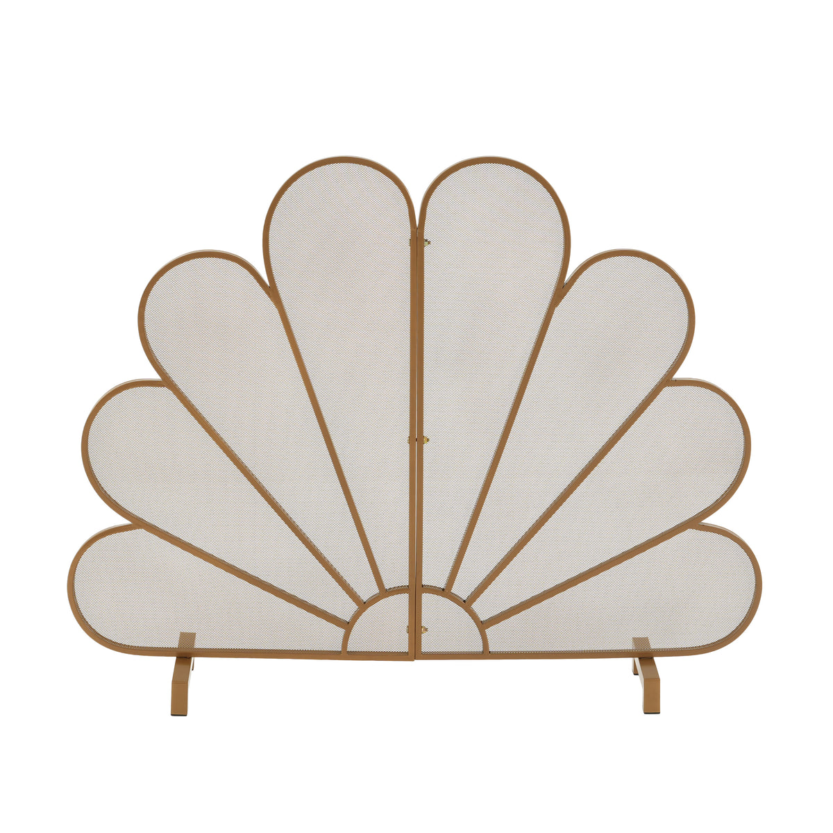 Gold Fan‑Shaped Peacock Design Freestanding Fireplace Screen, 2‑Panel Decorative Metal Mesh Spark Barrier for Home Indoor Fireplaces