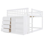 Full Over Full Bunk Bed with 4 Drawers and 3 Shelves - White